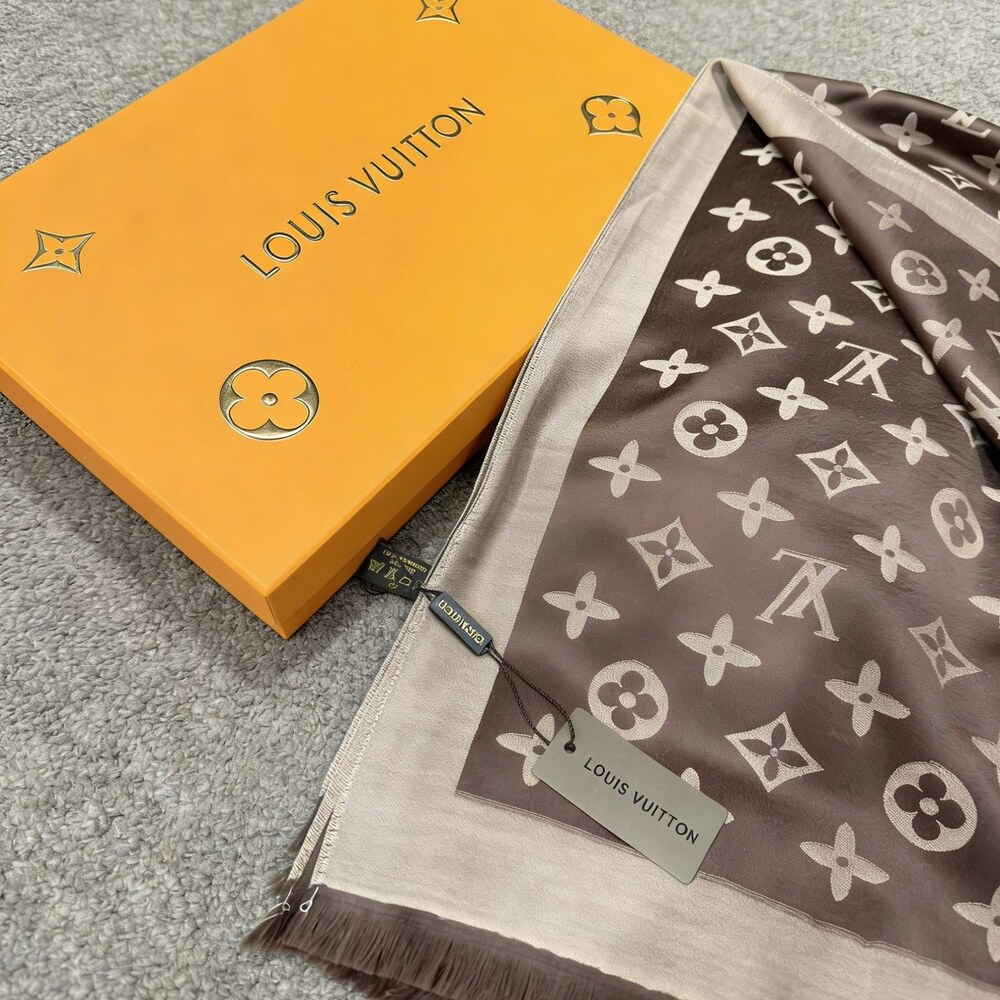 Louis Vuitton Brown Ivory Monogram Border Scarf - Picture 2 of 4